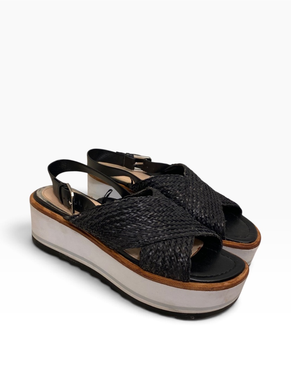 ZARA WOMAN PLATFORM WOVEN LUG SANDALS SIZE 39 EU BLACK WHITE BROWN 8.5-9 US